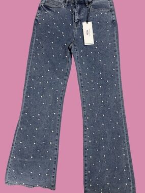 Diamond & Pearl-Embellished Blue Women's Jeans